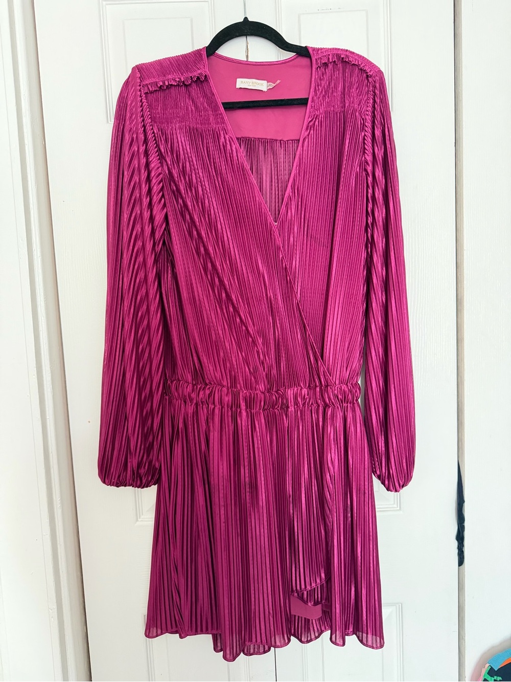 Ramy Brook Fuchsia Pleated V-Neck Long Sleeve Dress